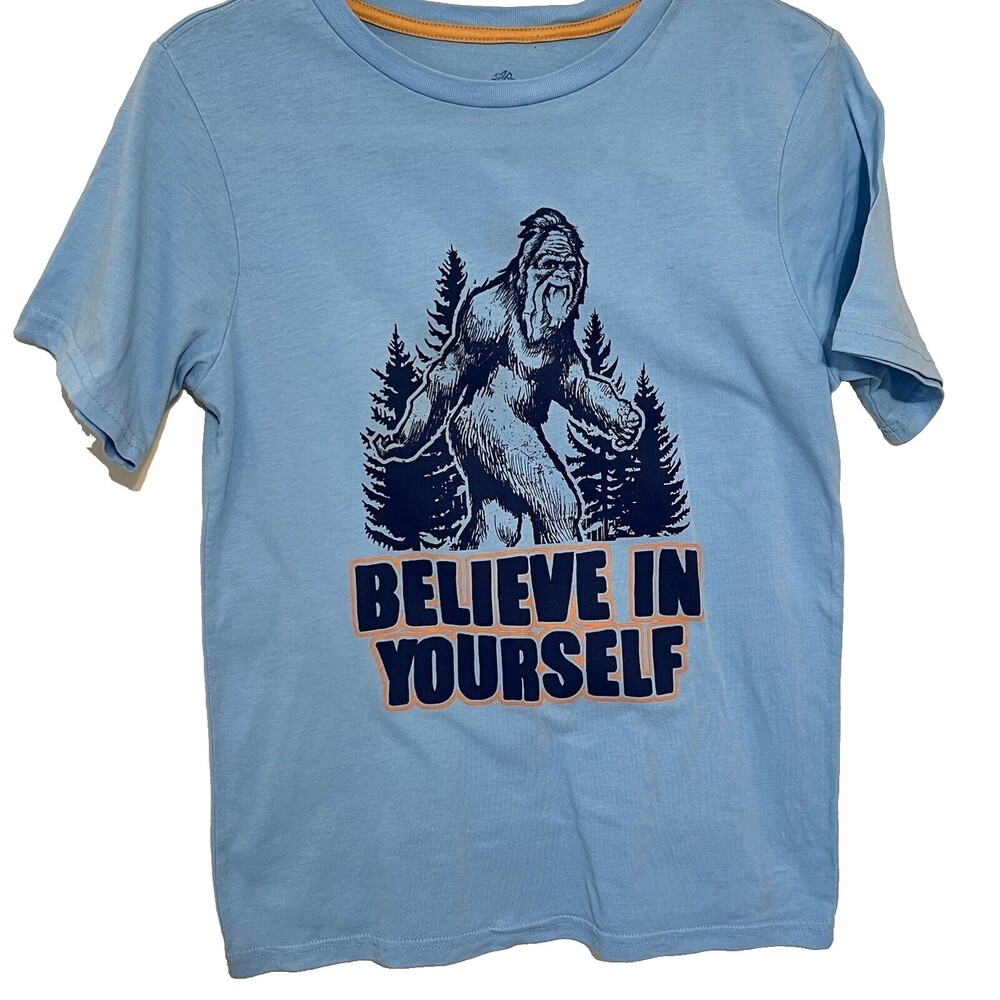 Youth Light Blue Believe in Yourself Bigfoot Humor Tee Shirt 14/16 L
